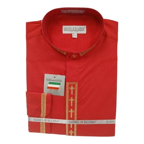 MEN'S DANIEL ELLISSA RED W/GOLD EMBROIDERY BANDED COLLAR DRESS SHIRT. DS2005C. - Picture 4 of 4
